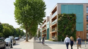 Modern UK residential development with green wall and tree buffer reducing road pollution exposure