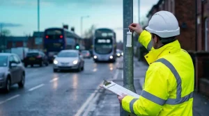 Air quality consultant installing NO2 diffusion tube monitoring equipment on a UK urban road